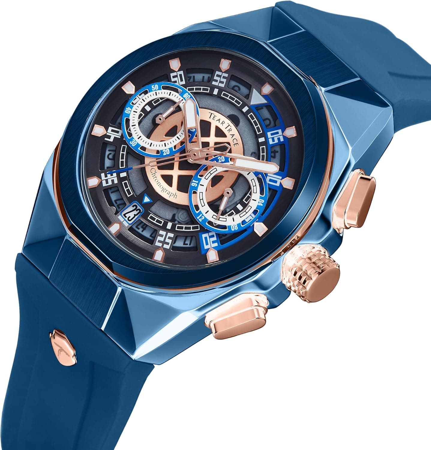 TearTrace Chronograph Watch — Blue & Rose Gold