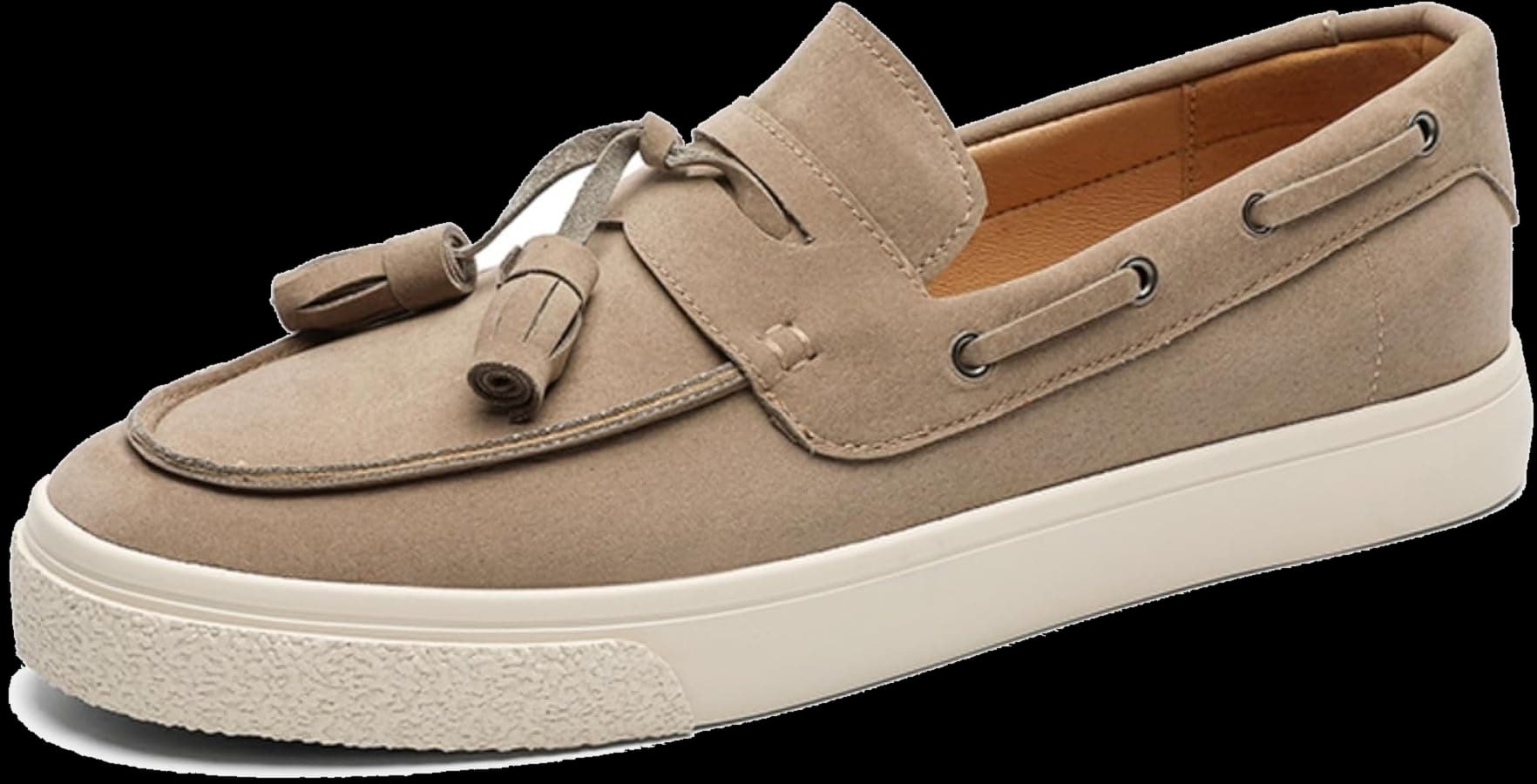 Suede Tassel Loafers — Taupe