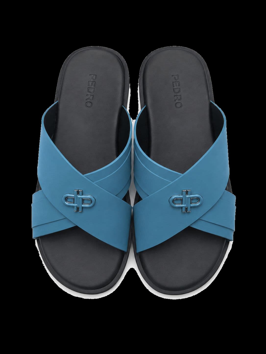 PEDRO Cross-Strap Slides — Blue & Black
