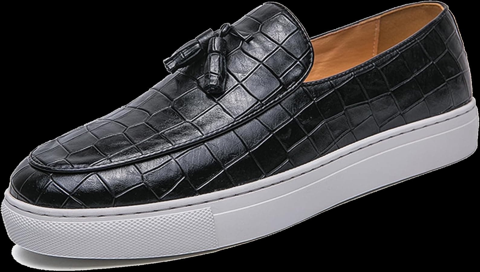 Crocodile-Pattern Tassel Platform Loafers — Black